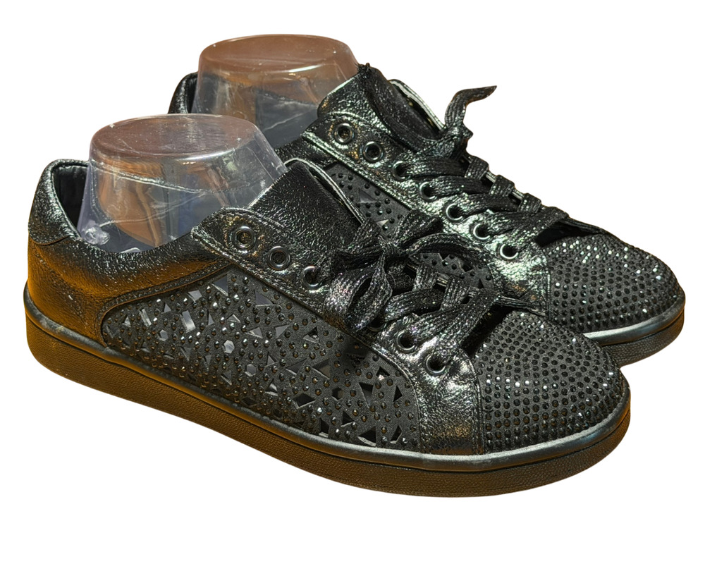 Lady Couture Sz 8.5 Paris Low-Top Sneakers Geometric Cut-Outs Rhinestones Black